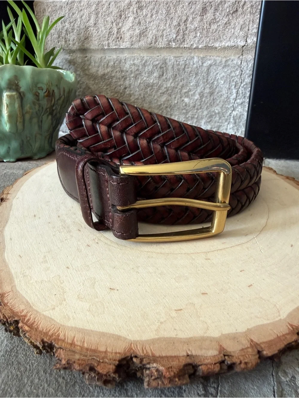 Land’s End Men's Braided Leather Belt in Dark Brown with Brass Buckle